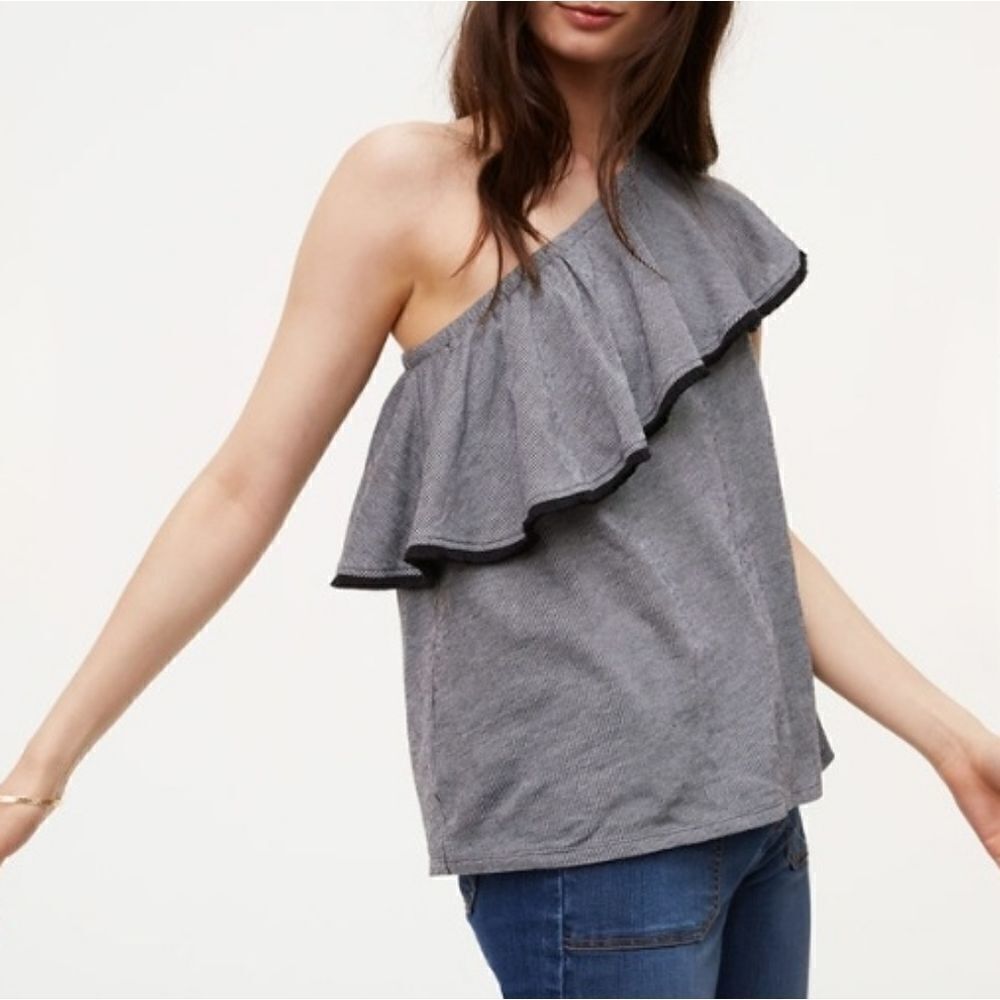 Loft One Shoulder Ruffle Black Mini Stripe Boho Fringe Top